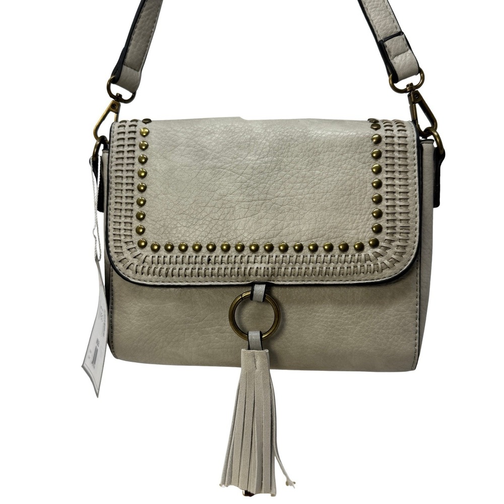 Jen & Co Vegan Leather‎ Crossbody Bag Gray Studded Tassel Flap Purse NWT 7.5x7x3